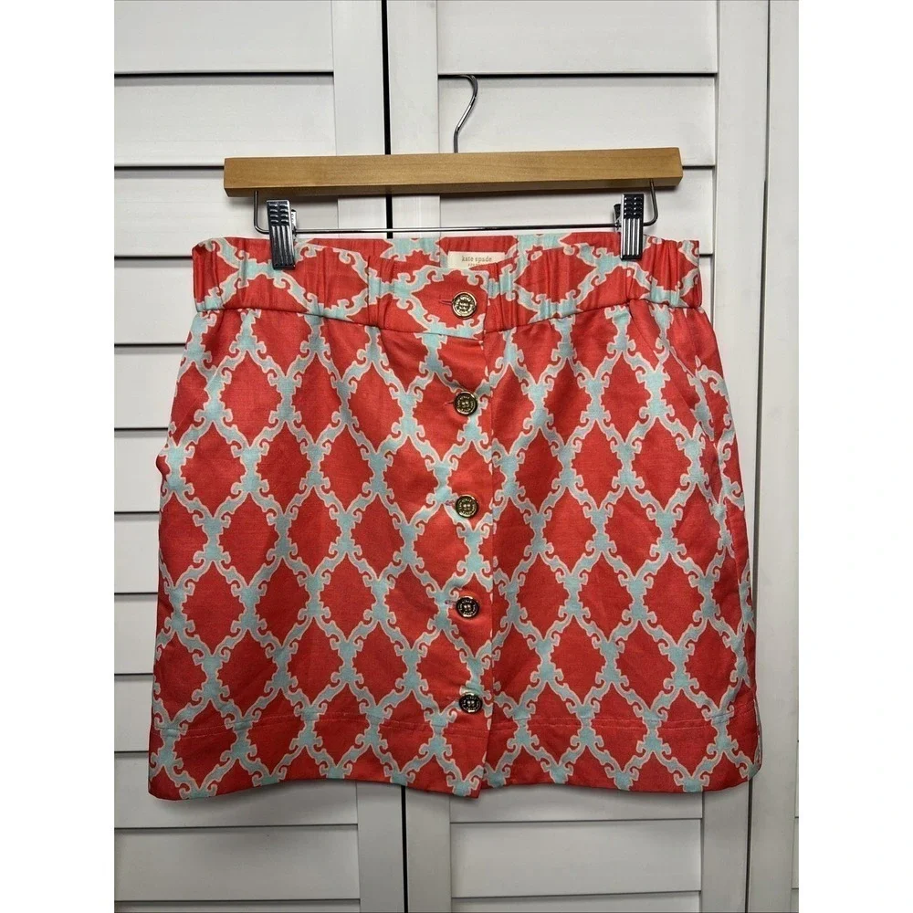 Kate Spade Silk Linen Blend Lattice Print Button Down Mini Skirt Women's Size 4